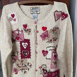 Cotton Heirloom Collectibles Cardigan Sweater Tan w/ Embroidered Hearts Sz M